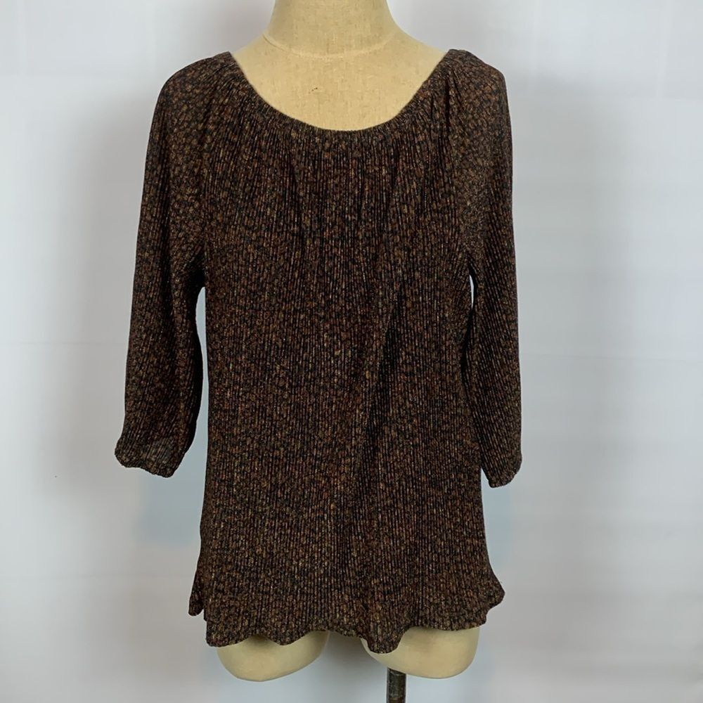 Soft Surroundings brown w/ metallic accents double layer micro pleated top, Sml